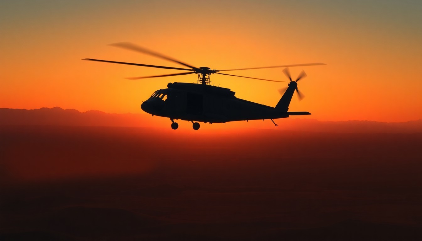 A serene, cinematic painting of a lone military helicopter silhouetted against an orange desert sky, capturing the quiet drama and high-stakes nature of the rescue mission.