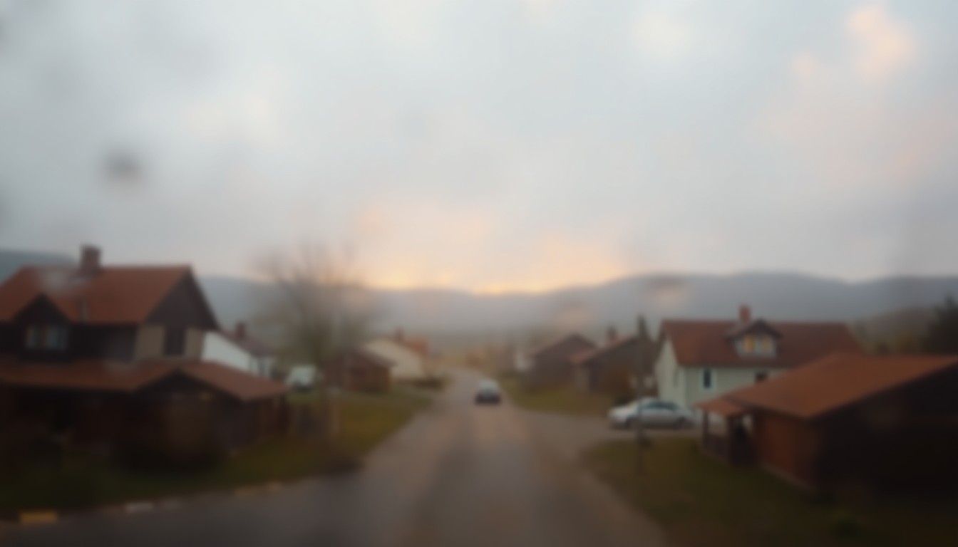 An abstract, impressionistic scene of soft, blurred colors and light, evoking a sense of rural tranquility and community remembrance.