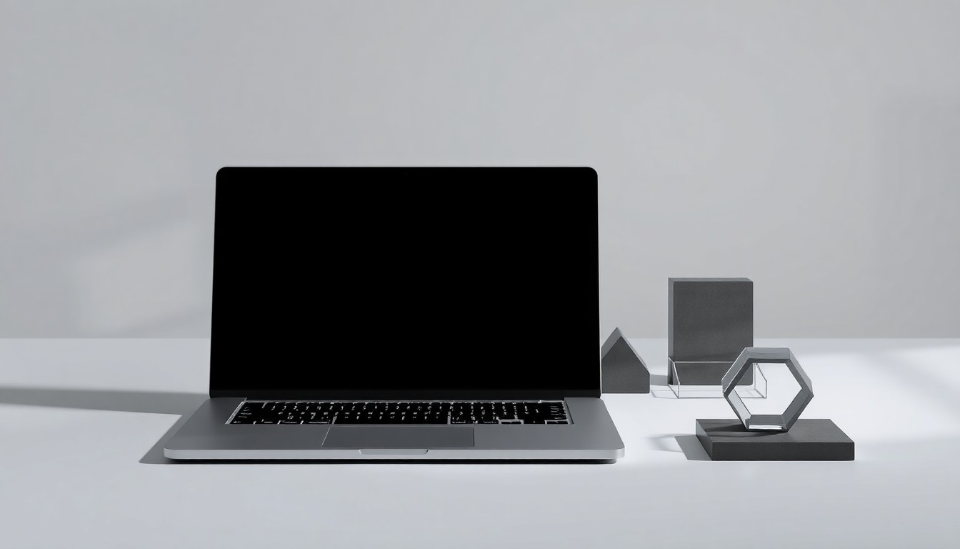 A high-end, photorealistic studio still-life photograph featuring a sleek, modern laptop computer, a stylized geometric paperweight, and a minimalist desk organizer, arranged elegantly on a clean, monochromatic background to conceptually represent Pattern's technology innovation and corporate strategy.