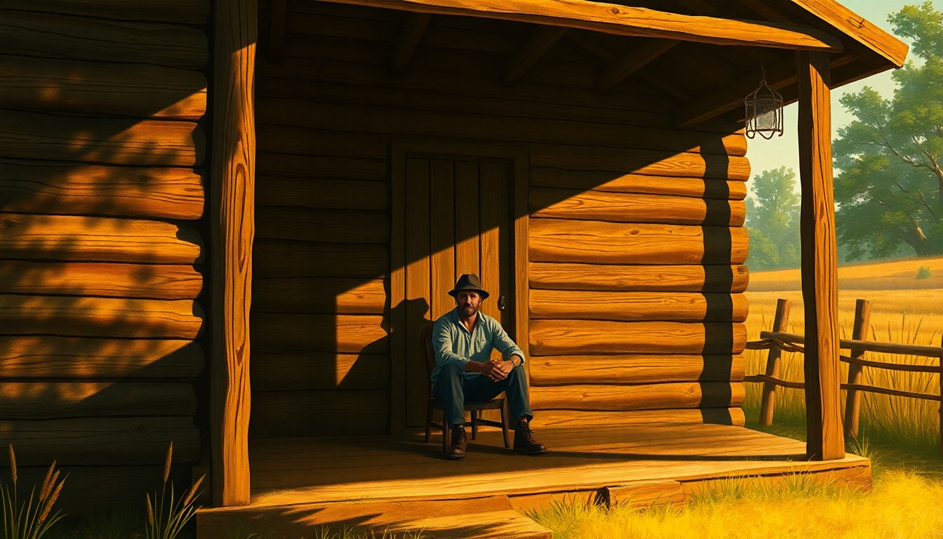 A serene painting of a lone farmer sitting on the porch of a rustic wooden cabin, the scene bathed in warm, diagonal sunlight and deep shadows, conveying a sense of solitude and contemplation.