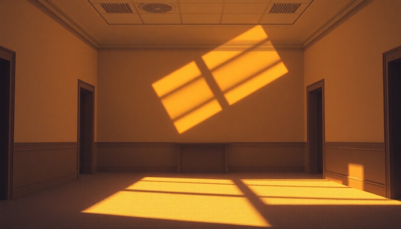 A dimly lit, cinematic government office space with a lone desk and chair, the room bathed in warm, diagonal sunlight and deep shadows, conceptually representing the quiet, bureaucratic process of enacting new gun legislation.