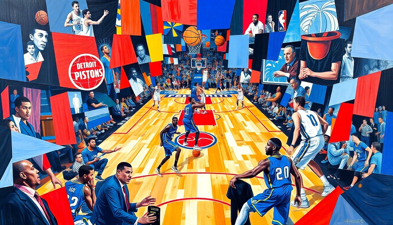A cubist, geometric painting depicting a basketball game between the Detroit Pistons and Orlando Magic, with the players and court broken down into sharp, overlapping planes of vibrant blue, red, and white colors.