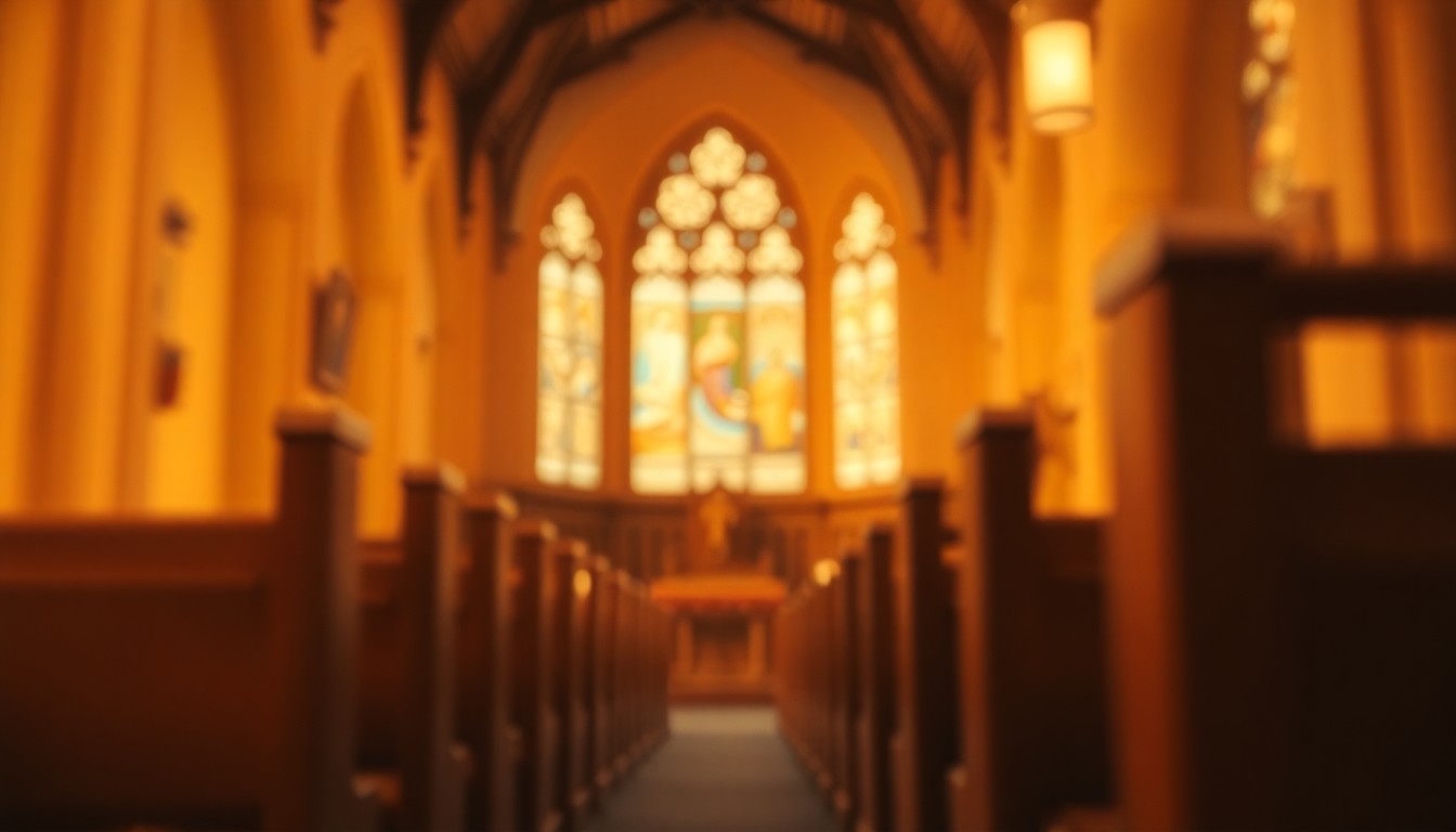 A softly blurred, impressionistic photograph in warm tones, depicting the interior of a church with pews and stained glass, conveying a sense of reverence and community.