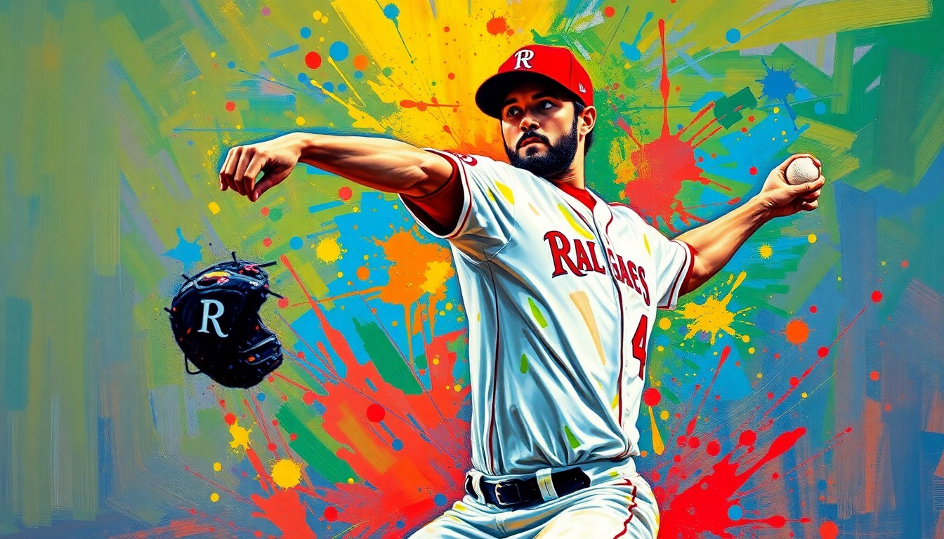 An abstract, expressionist painting in vibrant neon colors depicting the dynamic motion of a baseball player pitching, with his face and uniform blurred into energetic brushstrokes.