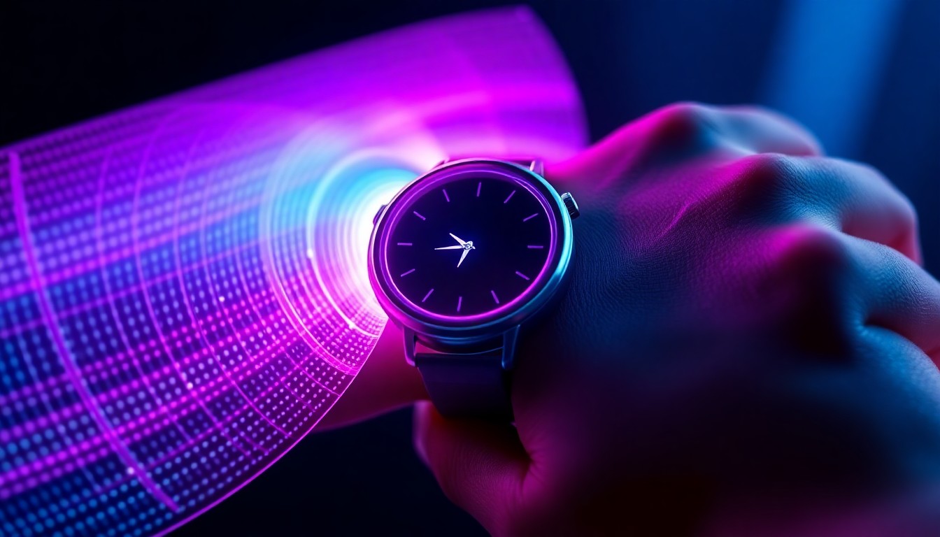 A highly detailed, glowing 3D illustration of a smartwatch emitting neon-colored sound waves that interact with a human hand, conceptually representing the micro sonar technology that powers the WatchHand hand-tracking system.