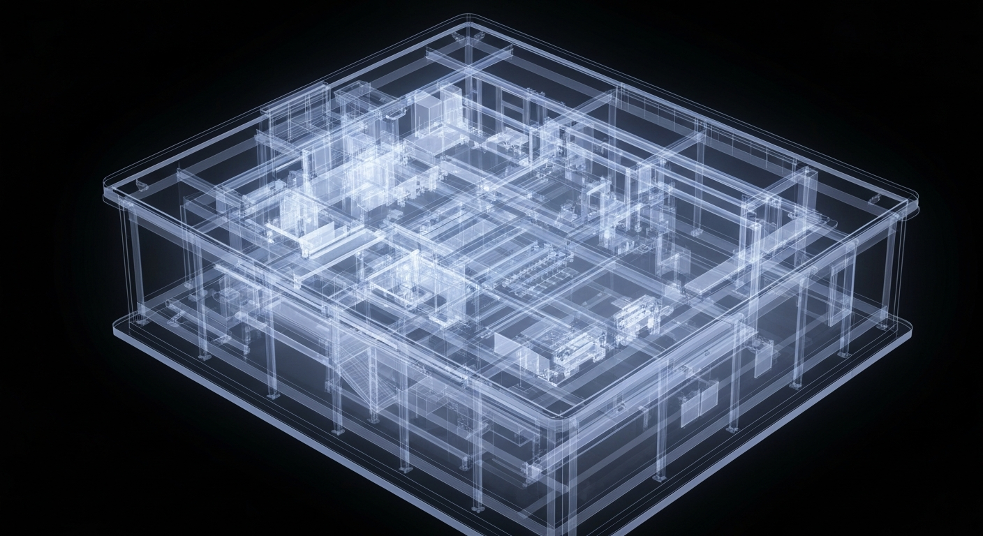 An extreme close-up X-ray photograph showing the intricate internal structure of a hospital building, with glowing ghostly lines outlining the various rooms, equipment, and infrastructure that will provide improved healthcare services to the local community.
