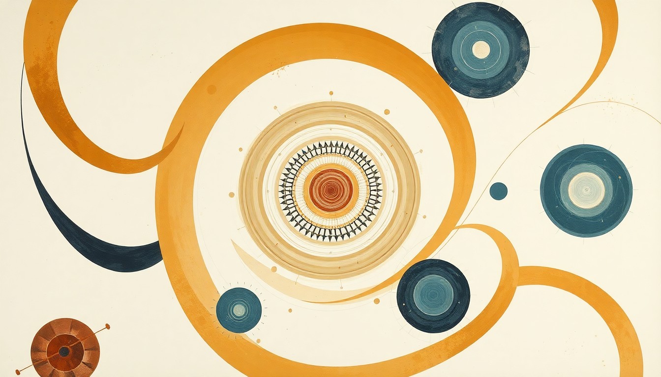 An abstract painting featuring sweeping geometric shapes and precise botanical spirals in earthy tones, conceptually representing the complex interplay of mechanical, optical, and quantum phenomena within a diamond crystal lattice.