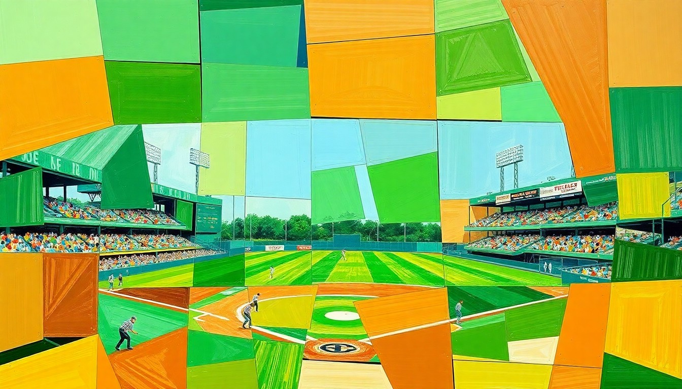 A fragmented, geometric painting depicting a high school baseball game, with sharp planes of color representing the players, field, and action on the diamond.
