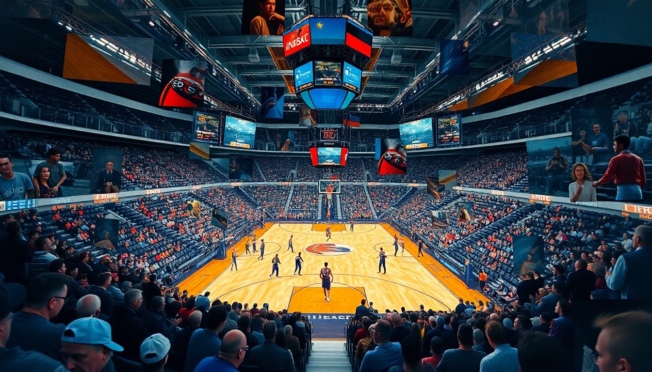 A cubist, geometric painting depicting a fragmented, multi-perspective view of a basketball game in a large football stadium, with the court, players, and spectators broken down into abstract shapes and planes of color.