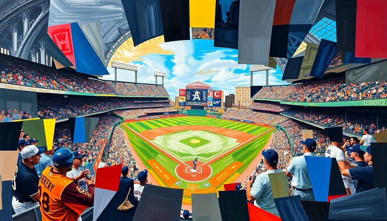 A fractured, geometric painting in vibrant colors depicting the dynamic motion and energy of a college baseball game, with players and the stadium environment broken down into sharp, overlapping planes.