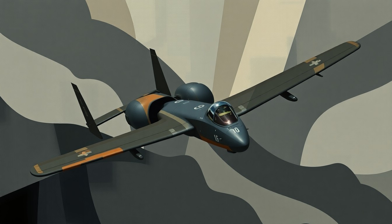 A fragmented, abstract painting of an A-10 Warthog aircraft, its wings and fuselage repeated in overlapping geometric shapes and waves of dark grey, olive drab, and burnt orange, conveying the speed and intensity of the rescue mission.