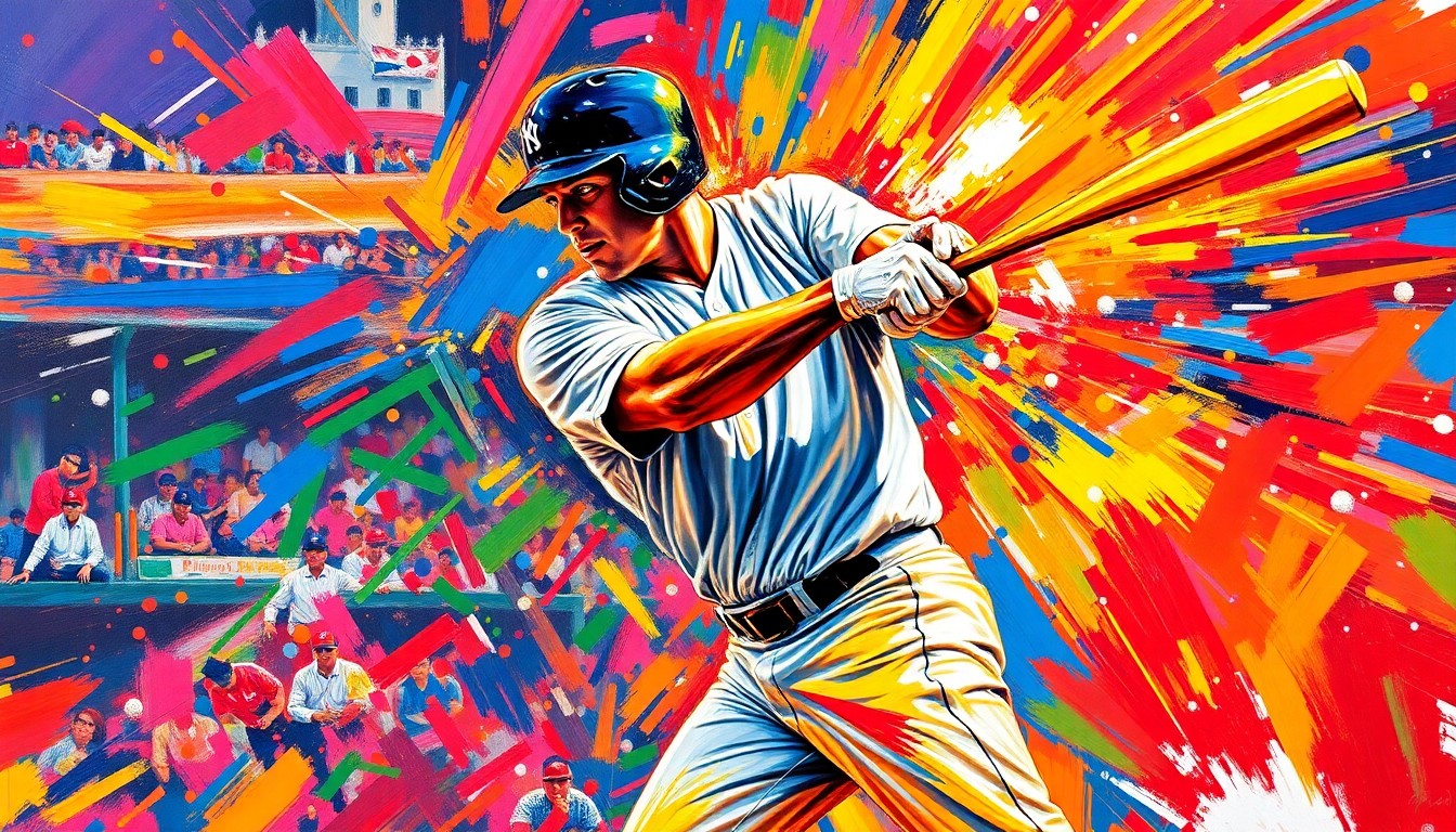 An abstract, energetic painting in neon colors depicting the explosive motion of a baseball player swinging and connecting with the ball, conceptually representing the excitement and impact of a home run.