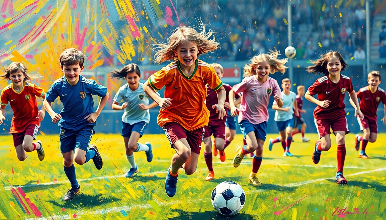 A vibrant, expressionist painting in neon colors depicting the raw athletic energy and movement of a group of young soccer players on the field, their faces and details abstracted into unrecognizable splatters of color.