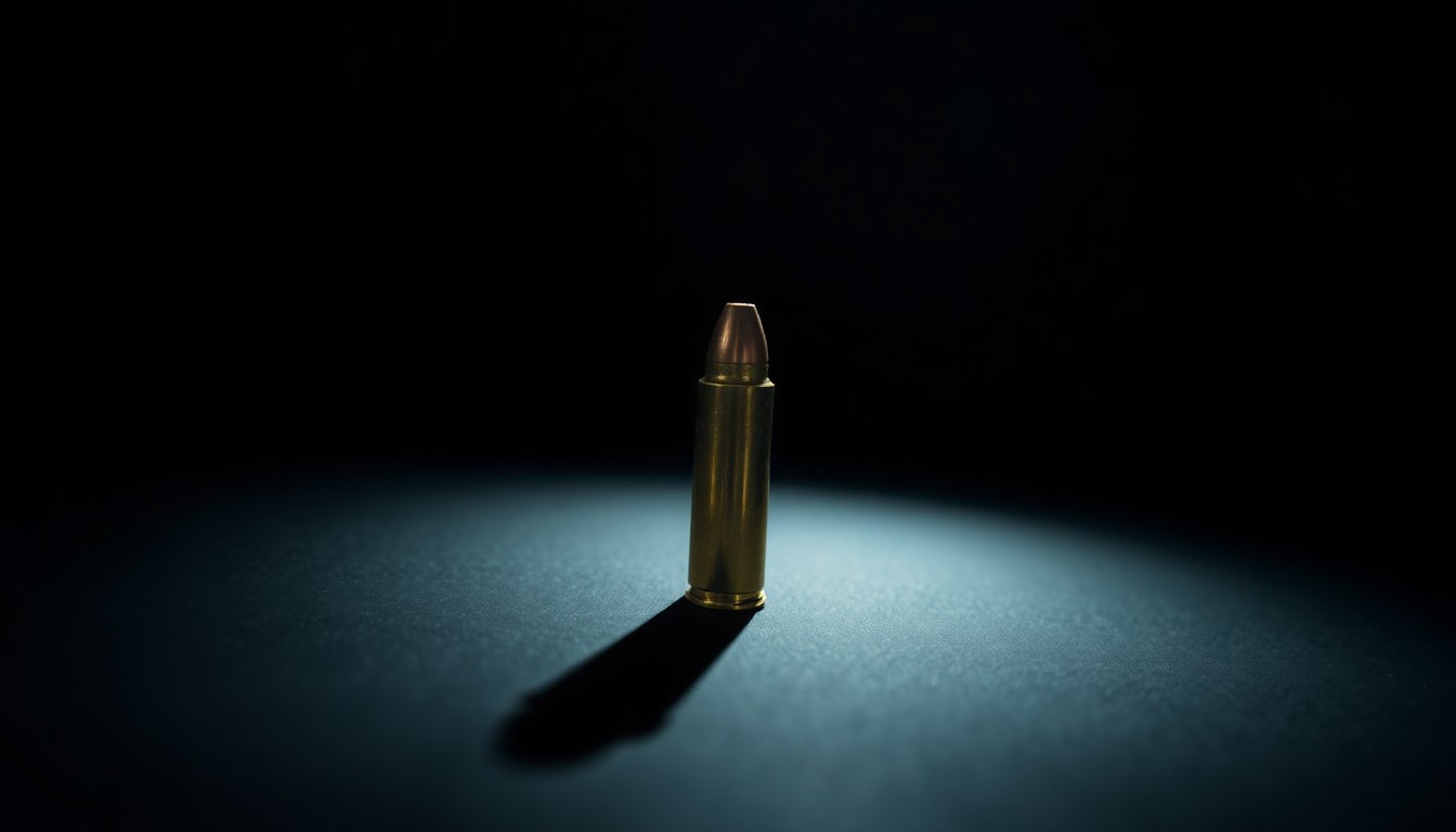 An extreme close-up photograph of a single bullet casing on a pitch-black background, the harsh flash illuminating the metallic texture and form of the object in a stark, investigative style.