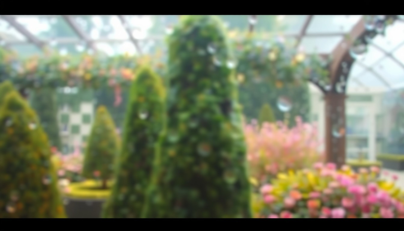 An impressionistic, out-of-focus photograph showing the blurred silhouettes of abstract topiary sculptures in a lush, verdant garden, conveying the dreamlike quality of Fryar's artistic legacy.
