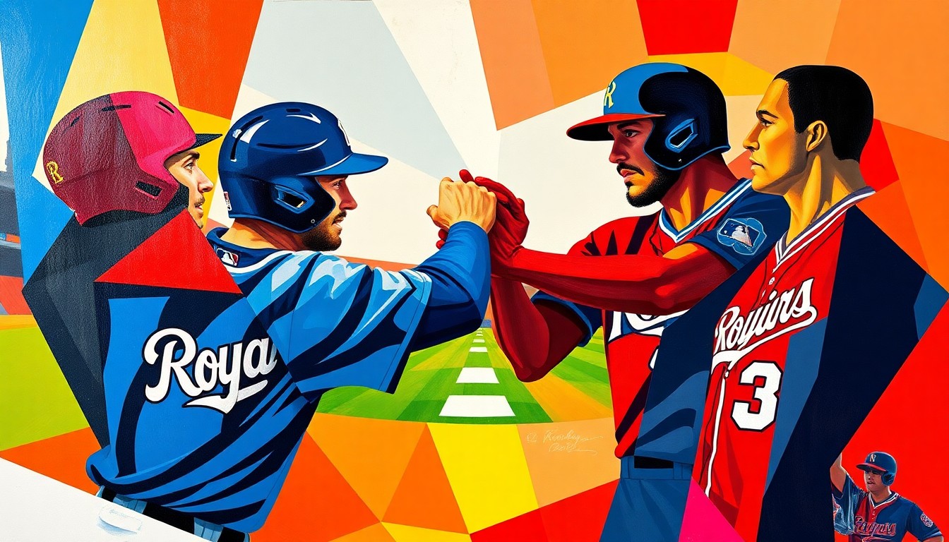 A cubist, geometric painting depicting the Royals' 5-6-4-3 double play, with the players' forms broken down into sharp, overlapping shapes in the team's colors, capturing the dynamic movement and energy of the play.