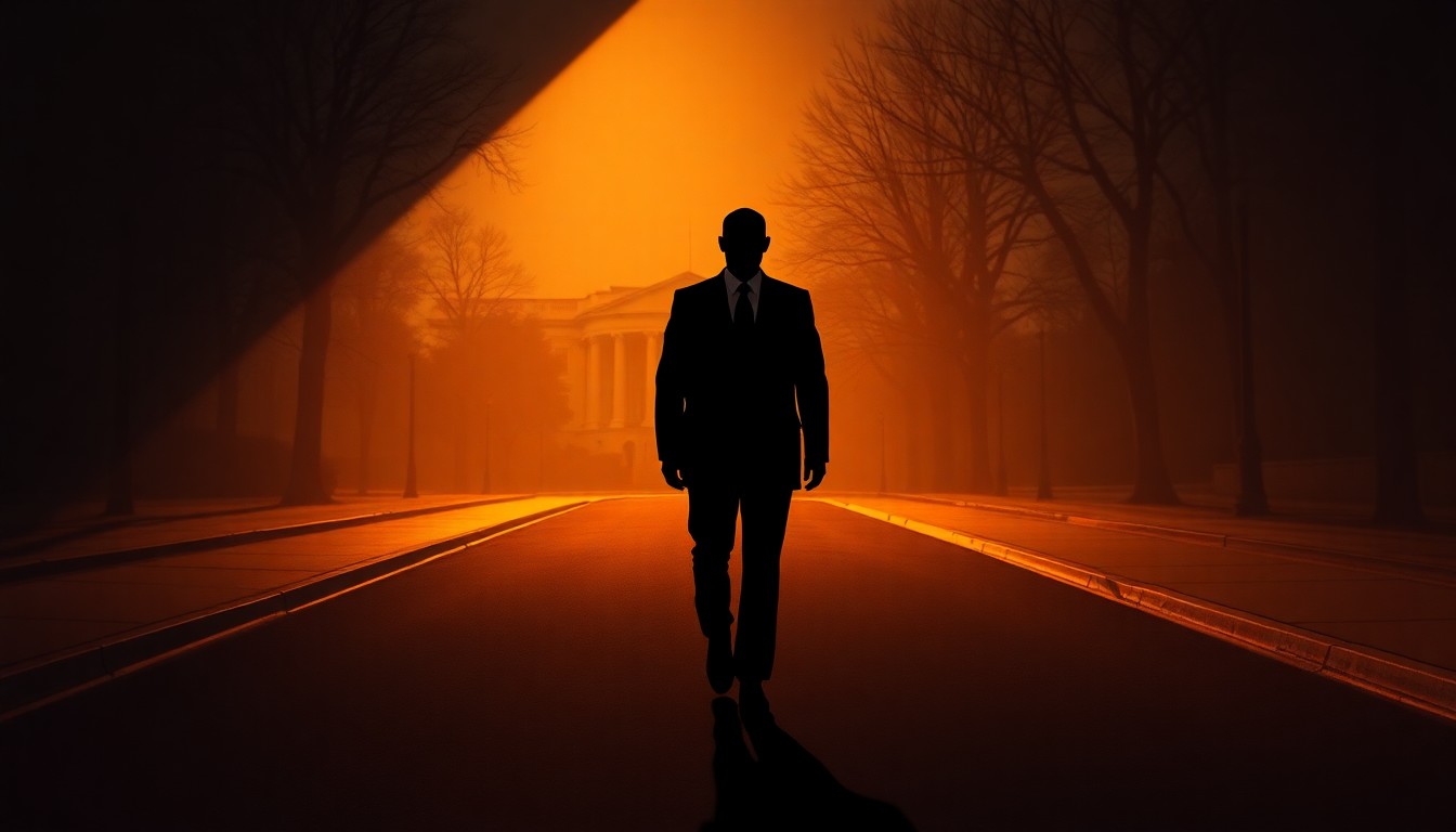 A cinematic painting of a solitary figure in a suit walking down a dimly lit, deserted city street, bathed in warm, diagonal sunlight and deep shadows, conceptually representing the political tensions within the White House over the Iran war.