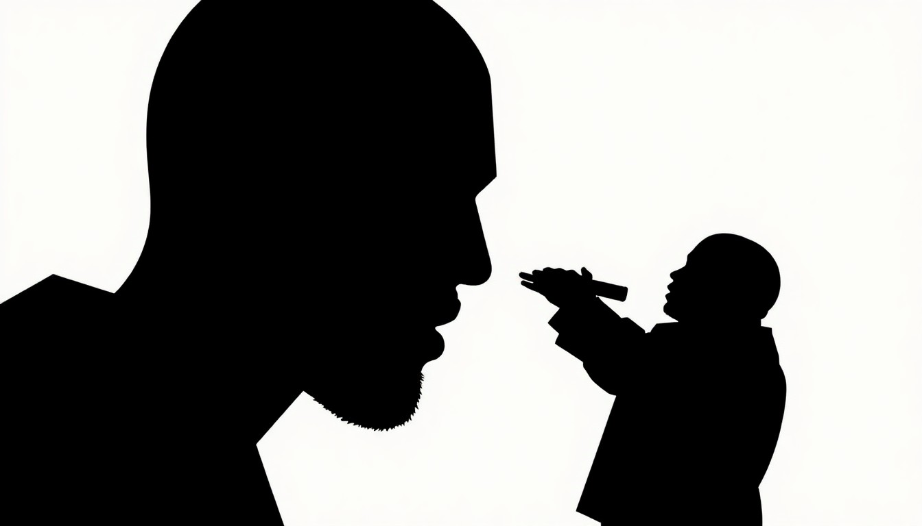 An abstract composition of bold, jagged black silhouettes against a stark red background, conceptually representing the divisive controversy surrounding Kanye West's Wireless Festival headlining performance.