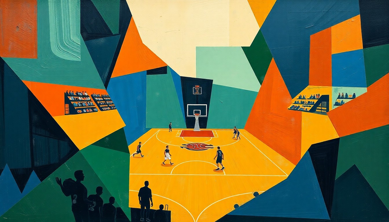 A cubist-style painting depicting a high school basketball game, with the players and court broken down into sharp, overlapping geometric shapes in navy, green, and orange, conveying the dynamic energy of the sport.