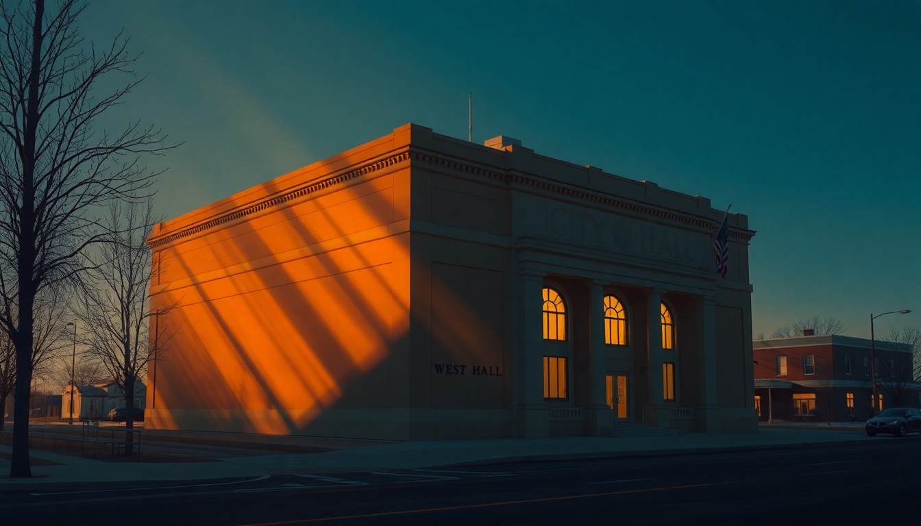 A serene, realistic painting of a government building in warm, golden light, conveying a sense of civic duty and community engagement.