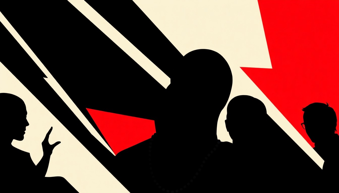 An abstract, minimalist illustration featuring stark black silhouettes and jagged geometric shapes, conceptually representing the polarizing figure of Kanye West and the ongoing debate around his controversial behavior.
