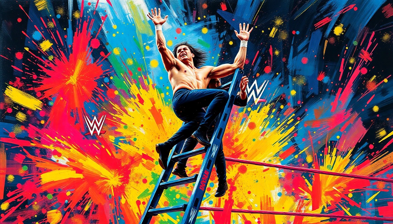 An abstract, expressionist painting in neon colors depicting the intense, high-flying action of a WWE ladder match, with the wrestlers' forms dissolving into dynamic brushstrokes and splatters of paint.