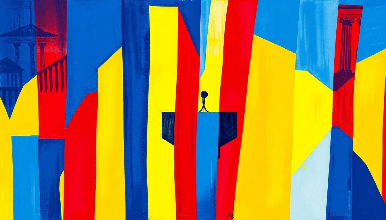 A dynamic, abstract painting featuring a fragmented, repeating image of a politician's podium or lectern, rendered in bold, clashing colors that convey a sense of political tension and uncertainty.