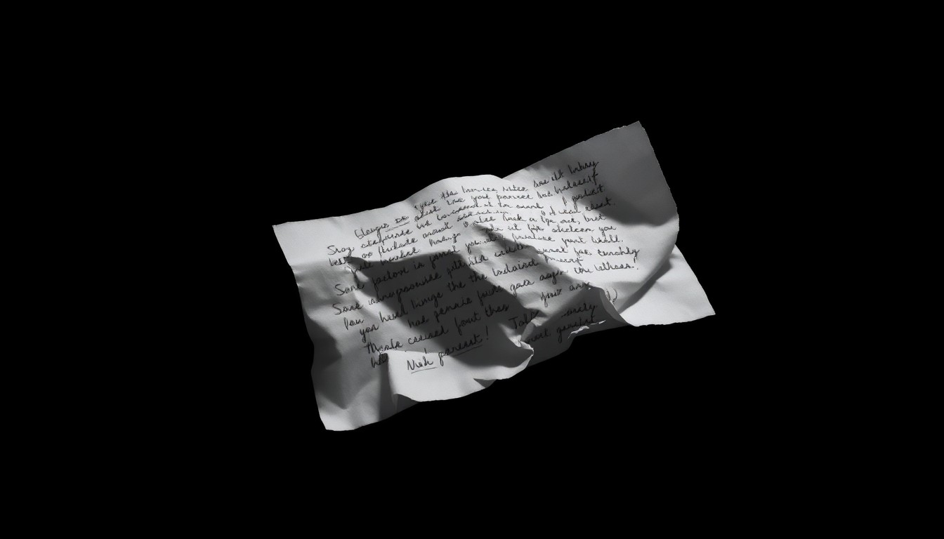 An extreme close-up of a crumpled piece of paper with handwritten notes, conceptually representing the investigation into a sex trafficking case.