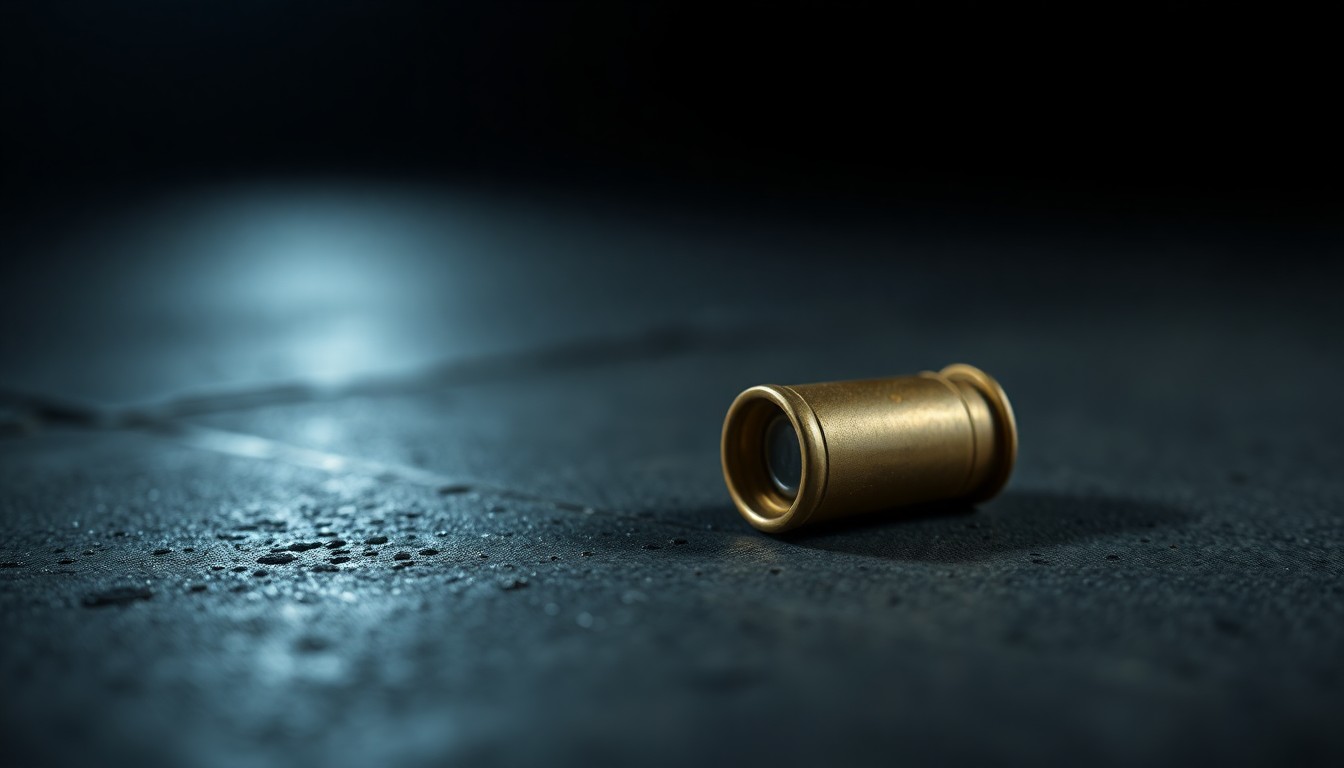 An extreme close-up of a single spent shell casing on a dark concrete surface, lit by a harsh, direct camera flash, conceptually representing the gritty details of a violent crime scene.