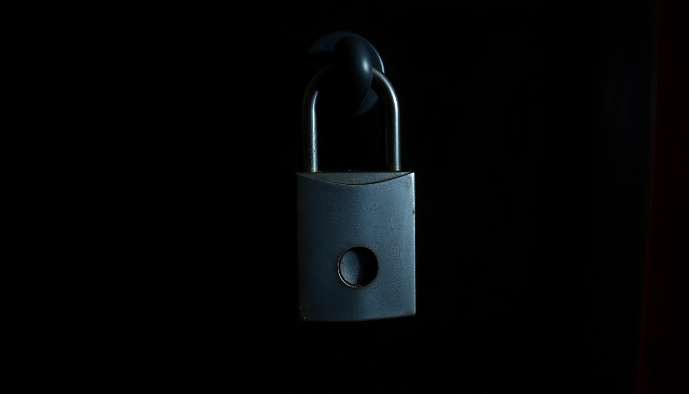 An extreme close-up photograph of a padlock on a school locker, capturing the harsh, gritty texture and dramatic lighting to convey a sense of security and investigation.