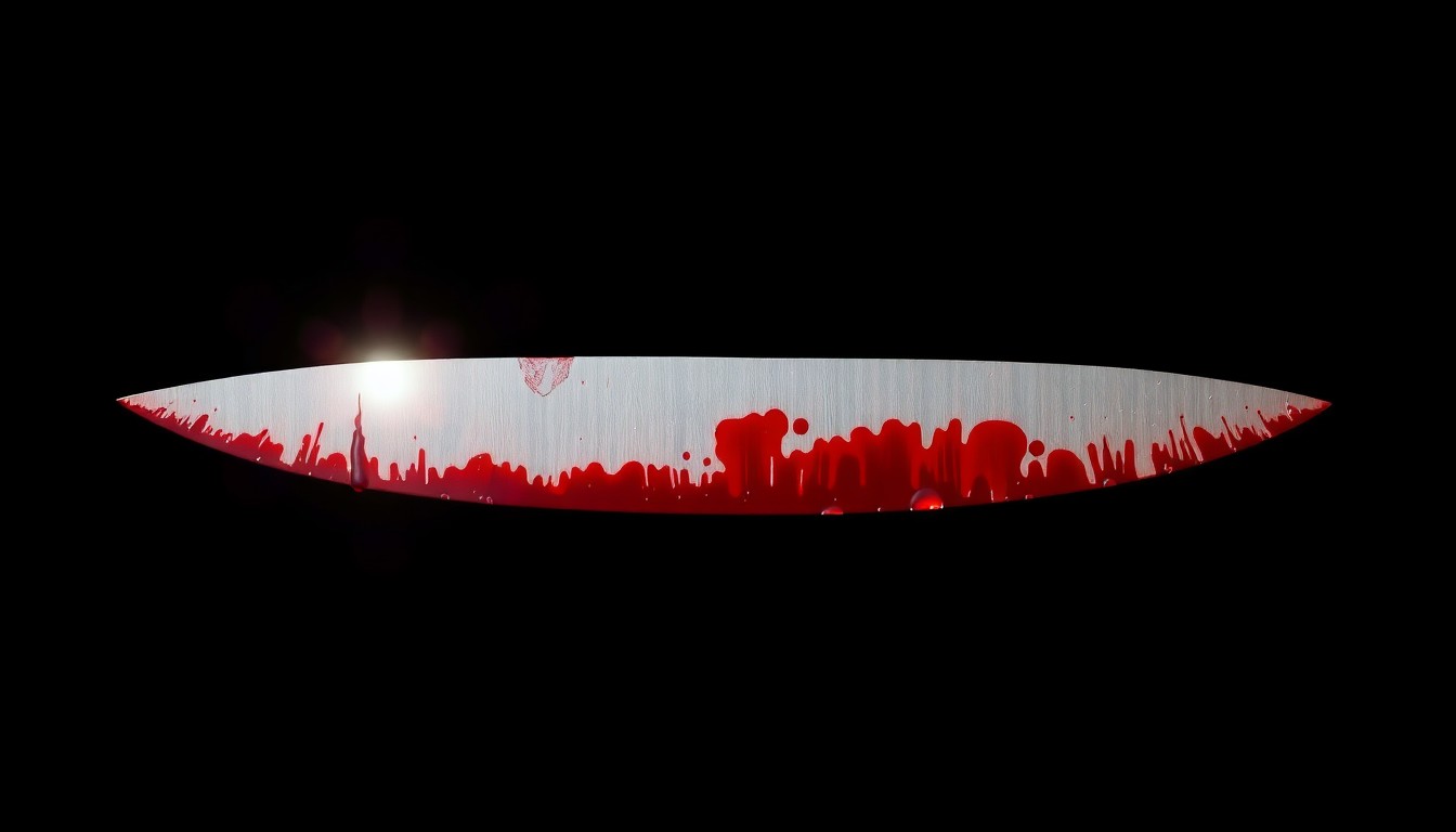 An extreme close-up of a single bloodied knife blade against a pitch-black background, conceptually illustrating the violent crime that occurred in Piedmont Park.