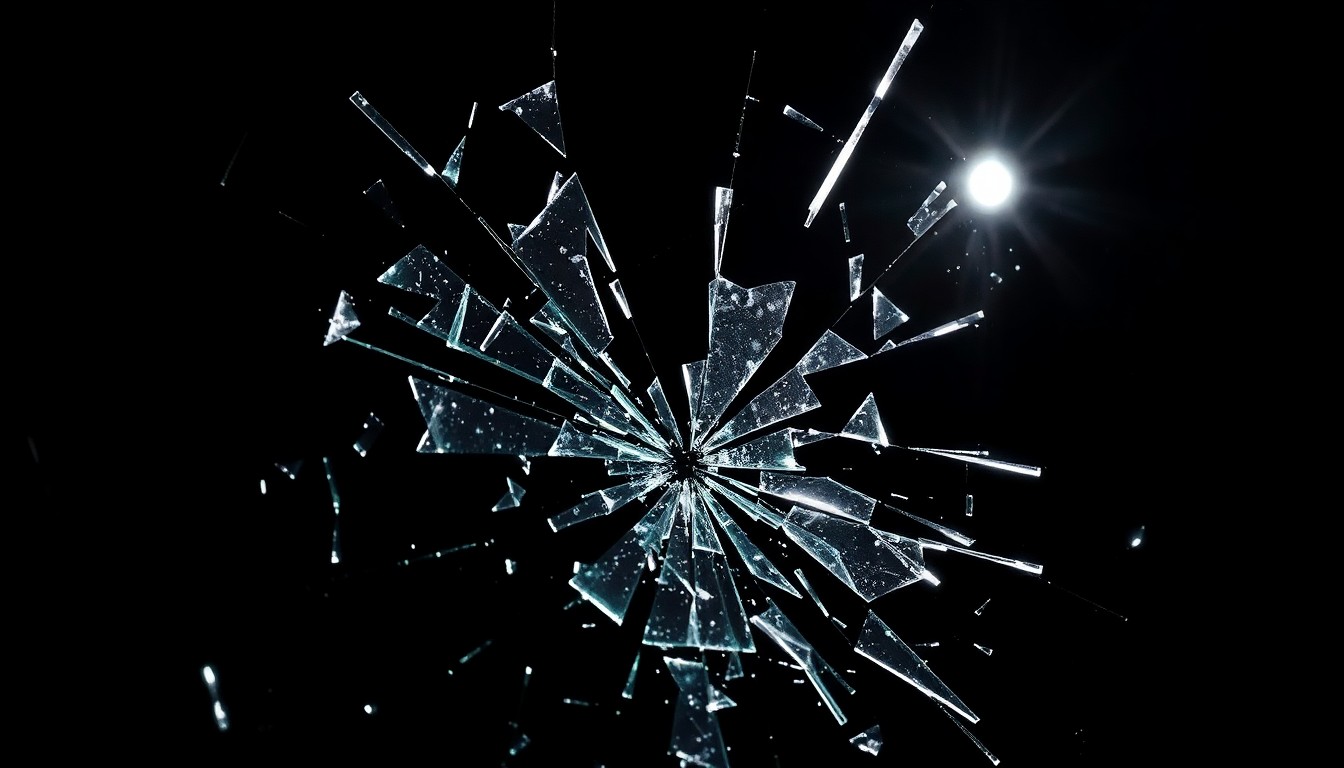 An extreme close-up photograph of the shattered glass of a car windshield, capturing the sharp, jagged edges and glittering texture of the broken glass against a pitch-black background, conceptually representing the chaos and destruction caused by the vandalism incident.