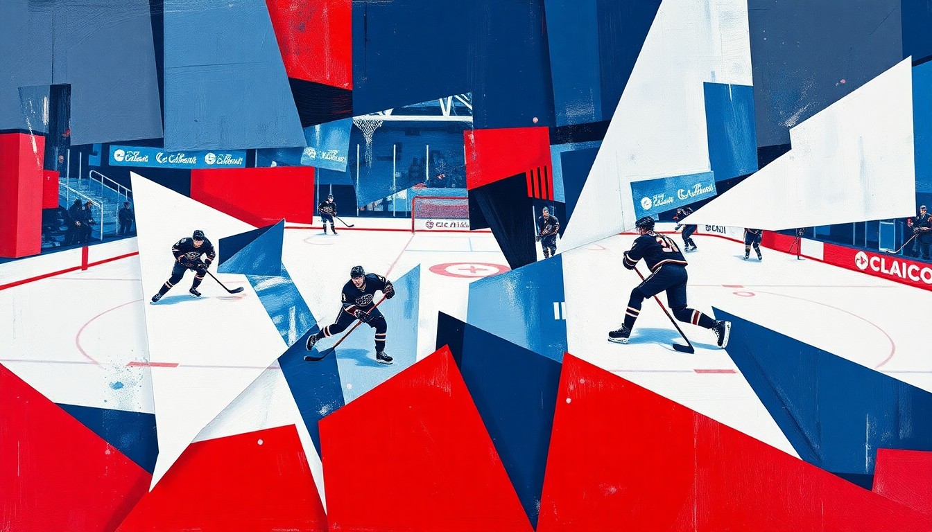 A cubist, geometric painting depicting a hockey game or match, with sharp, overlapping planes of navy blue, crimson red, and white, conveying the dynamic energy and movement of the sport.