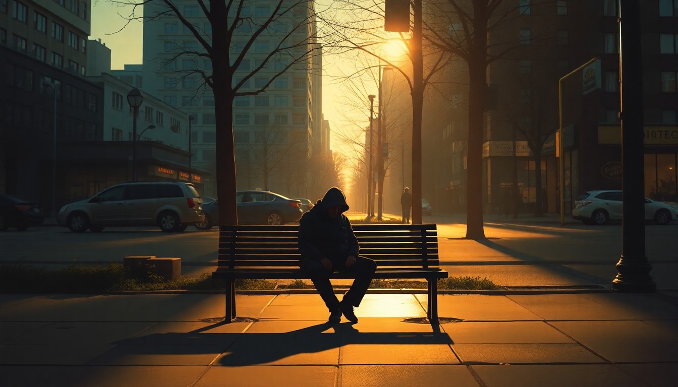 A serene, cinematic painting depicting a lone individual sitting on a park bench in downtown Portland, the scene bathed in warm, golden light and deep shadows, conveying a sense of solitude and the challenges facing the city's homeless population.
