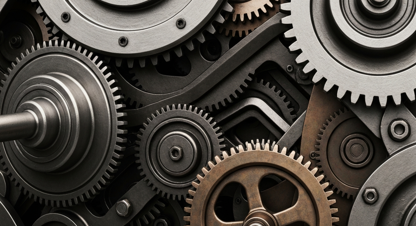 An extreme close-up of intricately geared, industrial machinery in shades of steel grey, bronze, and black, conceptually representing the complex financial infrastructure and institutional power of the banking industry.