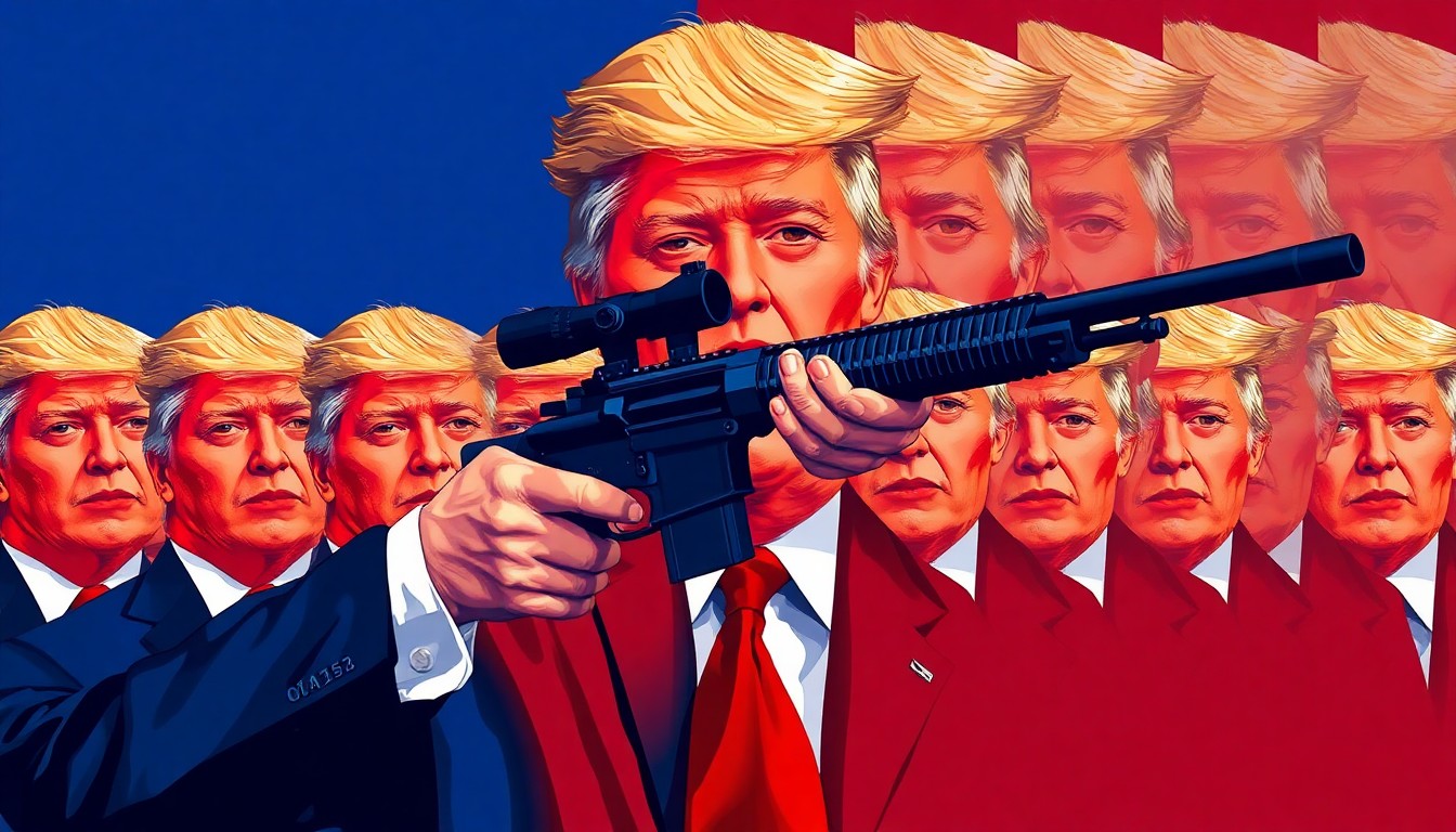A highly stylized, abstract painting featuring overlapping, fractured geometric shapes in red, white, and blue, depicting the president's hand gesturing with a sniper rifle, conceptually representing his controversial actions and statements during the Easter Egg Roll and press conference.