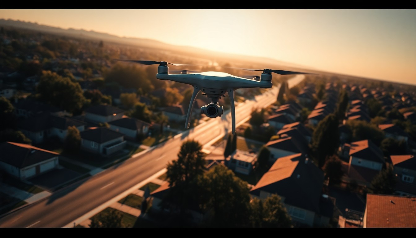 A cinematic painting of an aerial drone hovering over a residential neighborhood, with warm sunlight and deep shadows creating a nostalgic, contemplative mood.