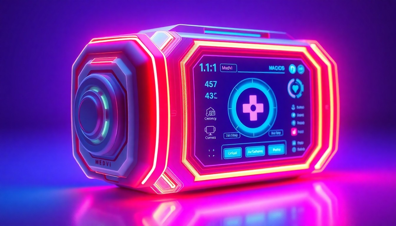 A highly detailed, glowing 3D illustration of a futuristic, neon-lit medical device or telehealth interface, representing the advanced technology behind Medvi's AI-powered platform. The device is rendered in a vibrant color palette of cyan, magenta, and electric blue, with a sense of energy and dynamism.