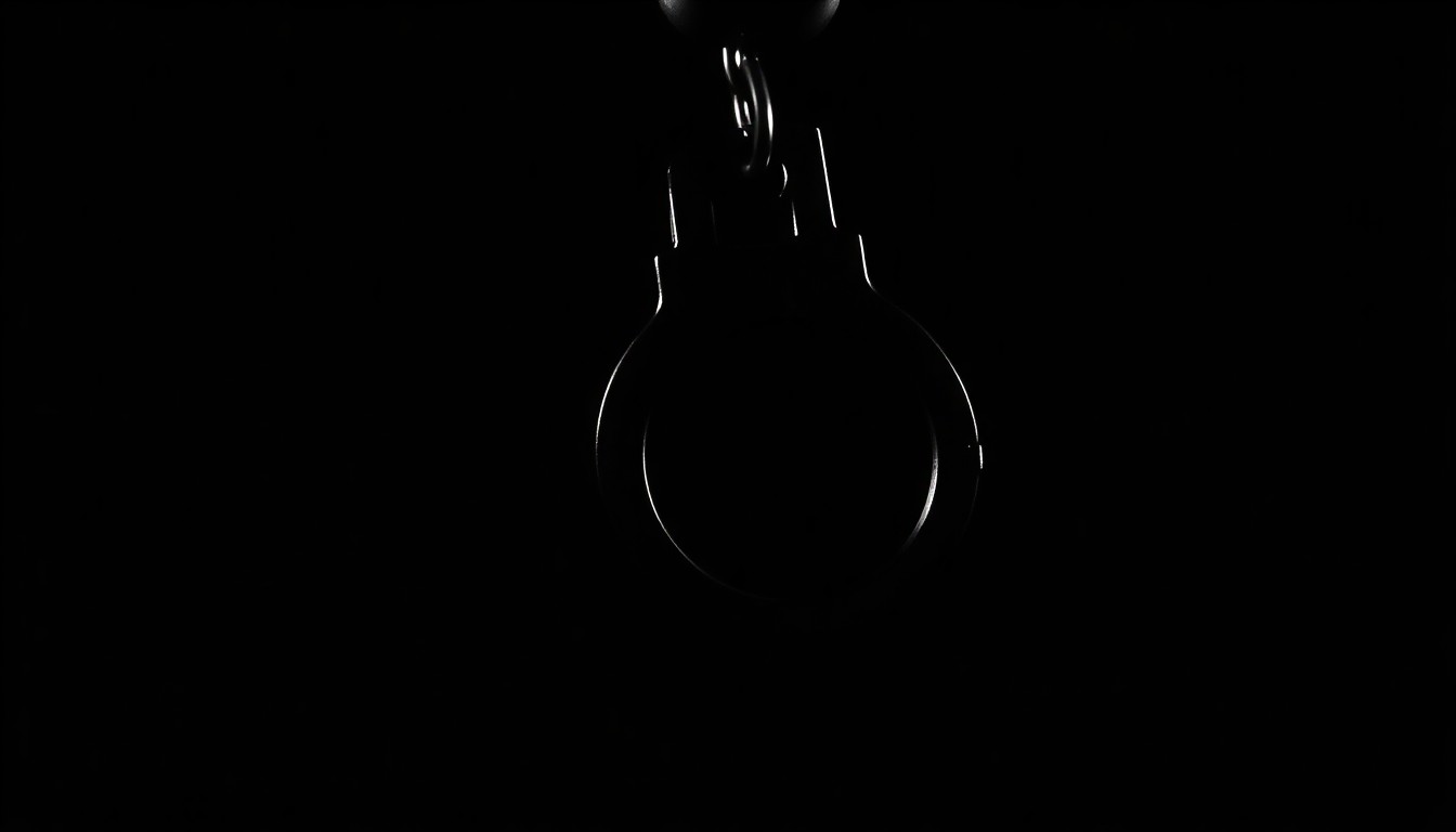 An extreme close-up photograph of a handcuff or other law enforcement equipment, capturing the harsh, gritty details of the object under a stark, direct flash of light against a pitch-black background, conceptually representing the scrutiny of federal immigration enforcement tactics.