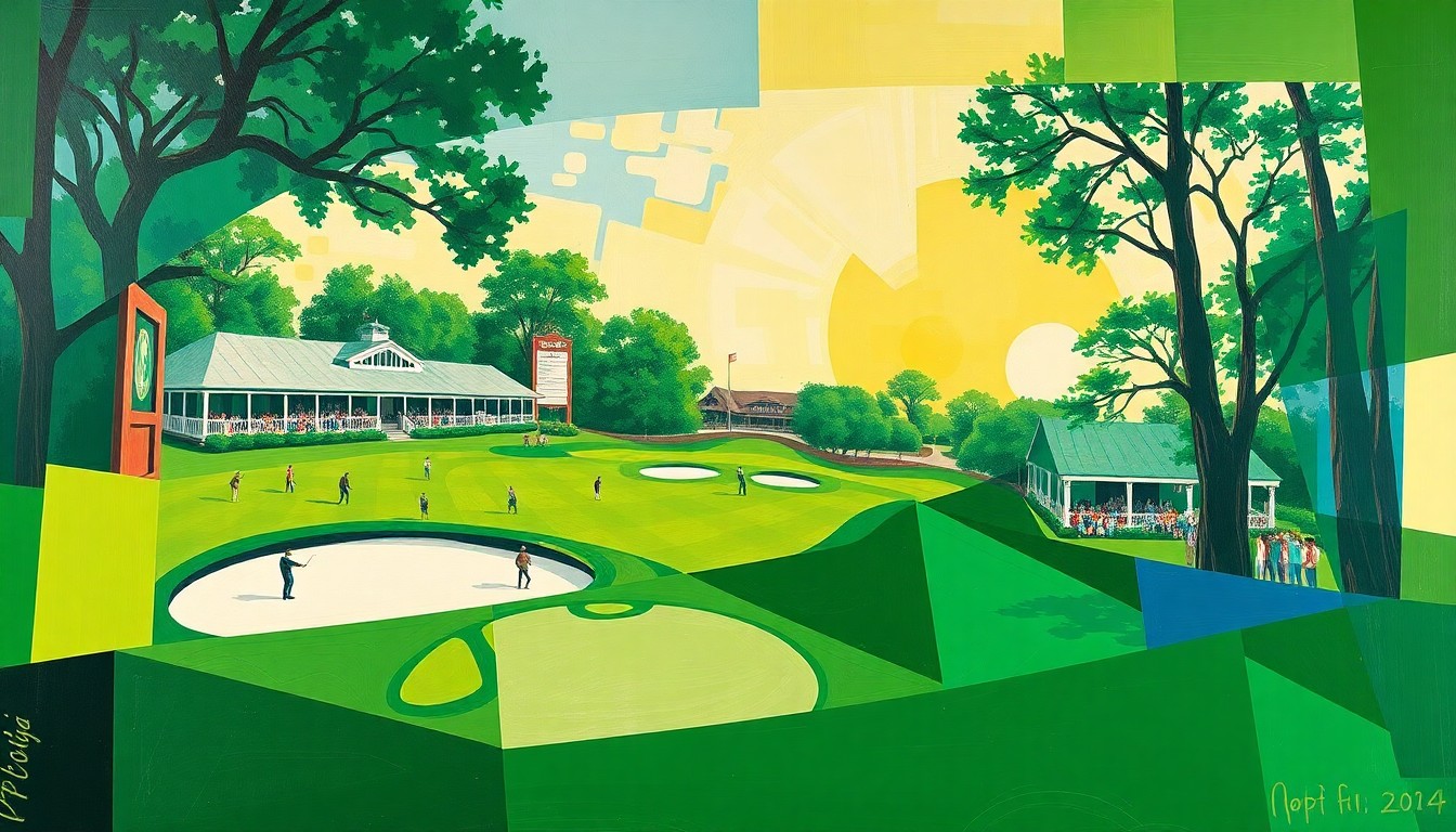 A fragmented, geometric painting depicting the Augusta National Golf Club course and players in motion, rendered in a cubist style with sharp planes of green, white, and blue.