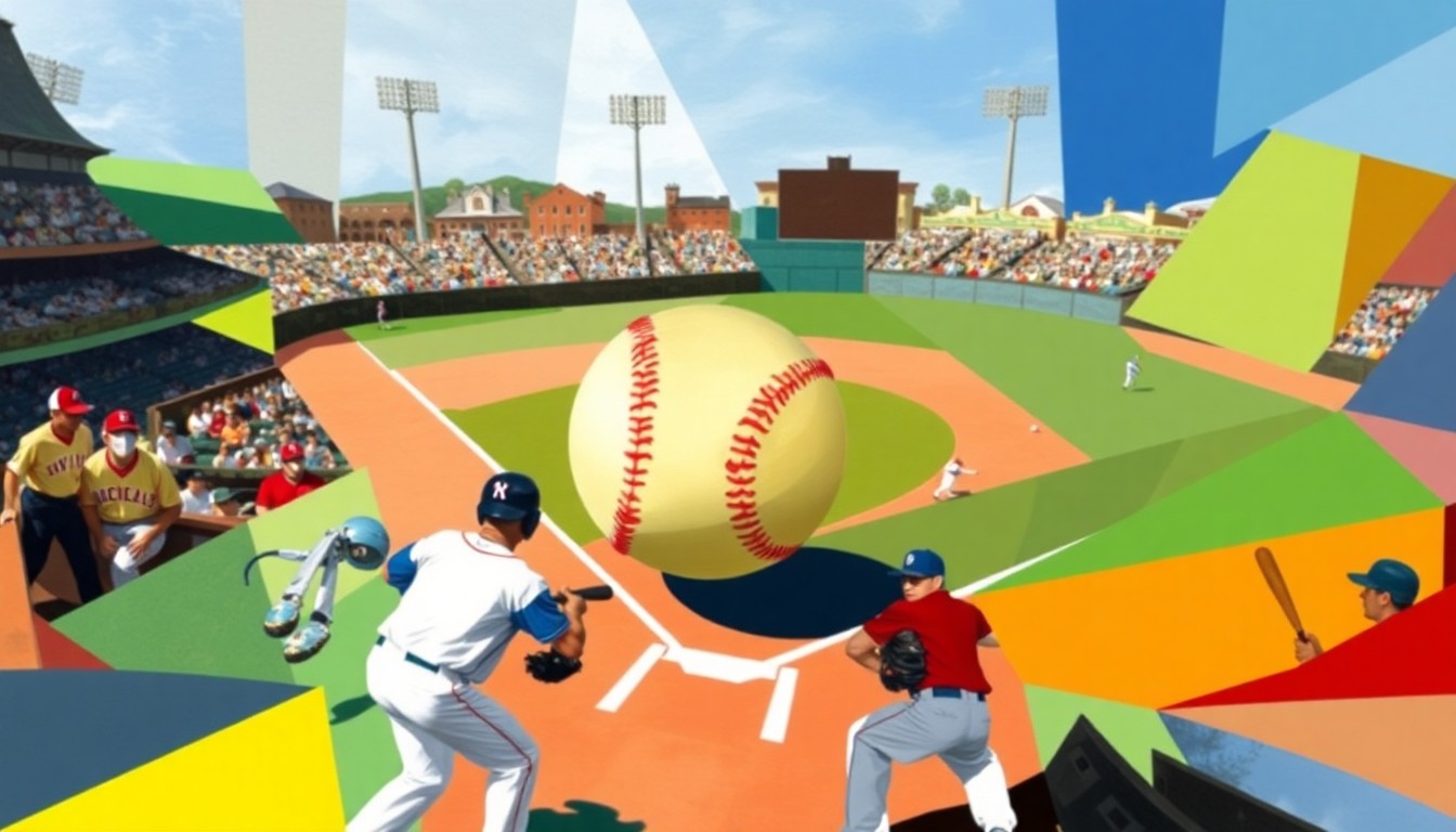 A fragmented, geometric painting depicting a baseball game, with the ball as the central focal point surrounded by angular, colorful shapes representing the players and field.