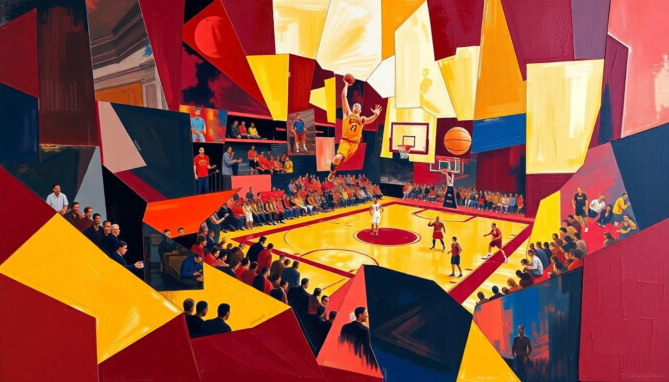 A cubist, geometric painting in shades of red and gold, representing the energy and dynamics of a basketball game, without any recognizable figures or text.