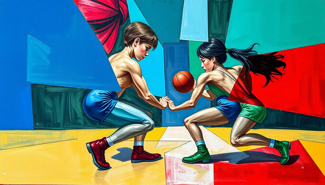 A cubist, geometric painting depicting the dynamic movements and competitive energy of a girls' wrestling match, with sharp planes of color and overlapping perspectives.