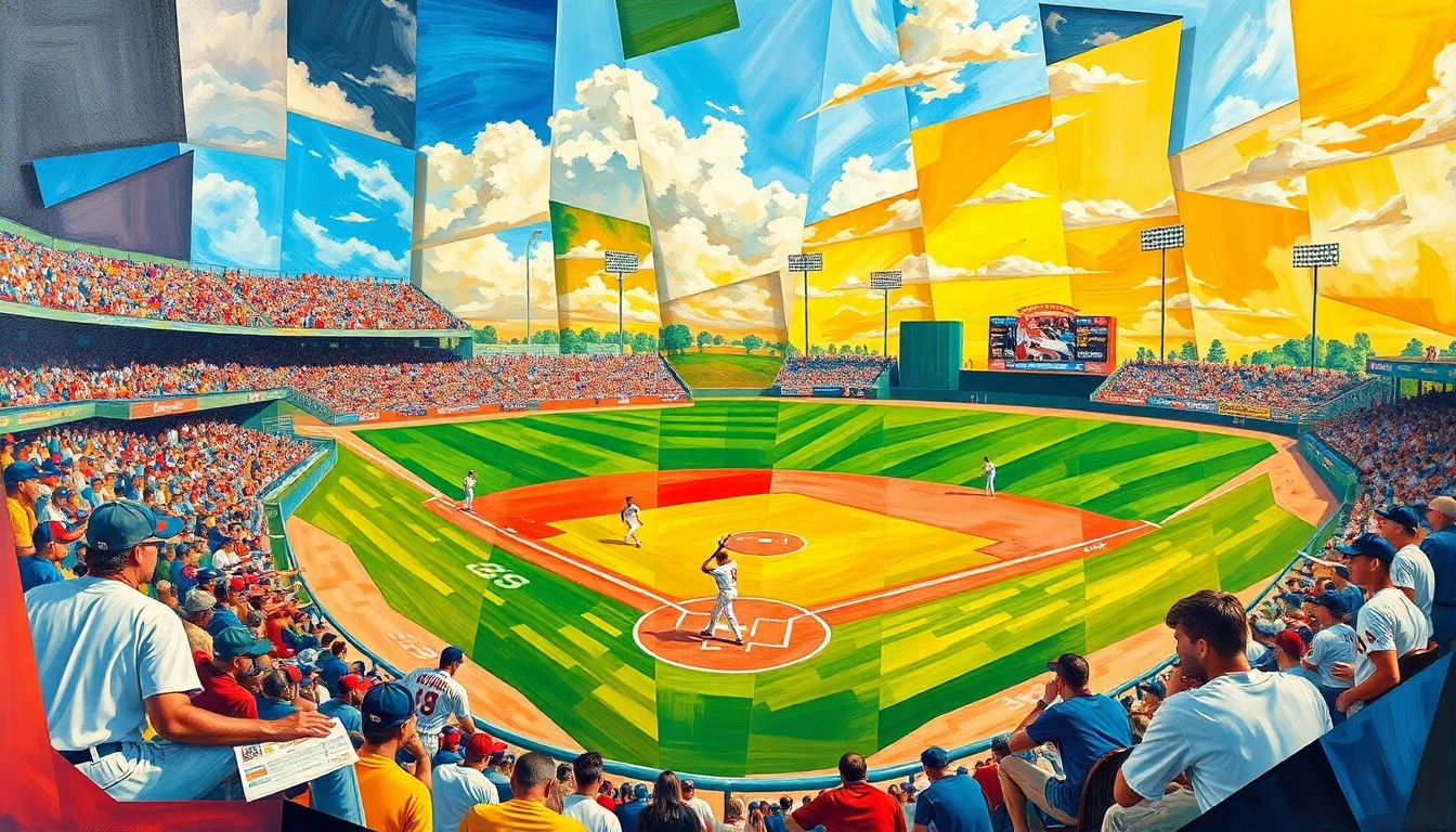 A cubist-style painting depicting a college baseball game broken down into sharp, overlapping geometric shapes and planes, with vibrant colors representing the players, field, and stadium elements.