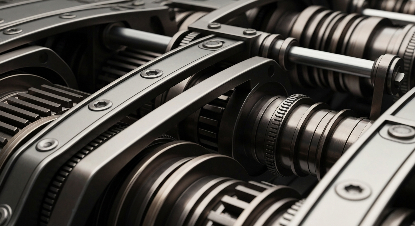 An extreme close-up of a complex, heavily textured mechanism of gears, levers, and metal components in shades of grey, bronze, and black, conceptually representing the powerful, impenetrable machinery of global finance.