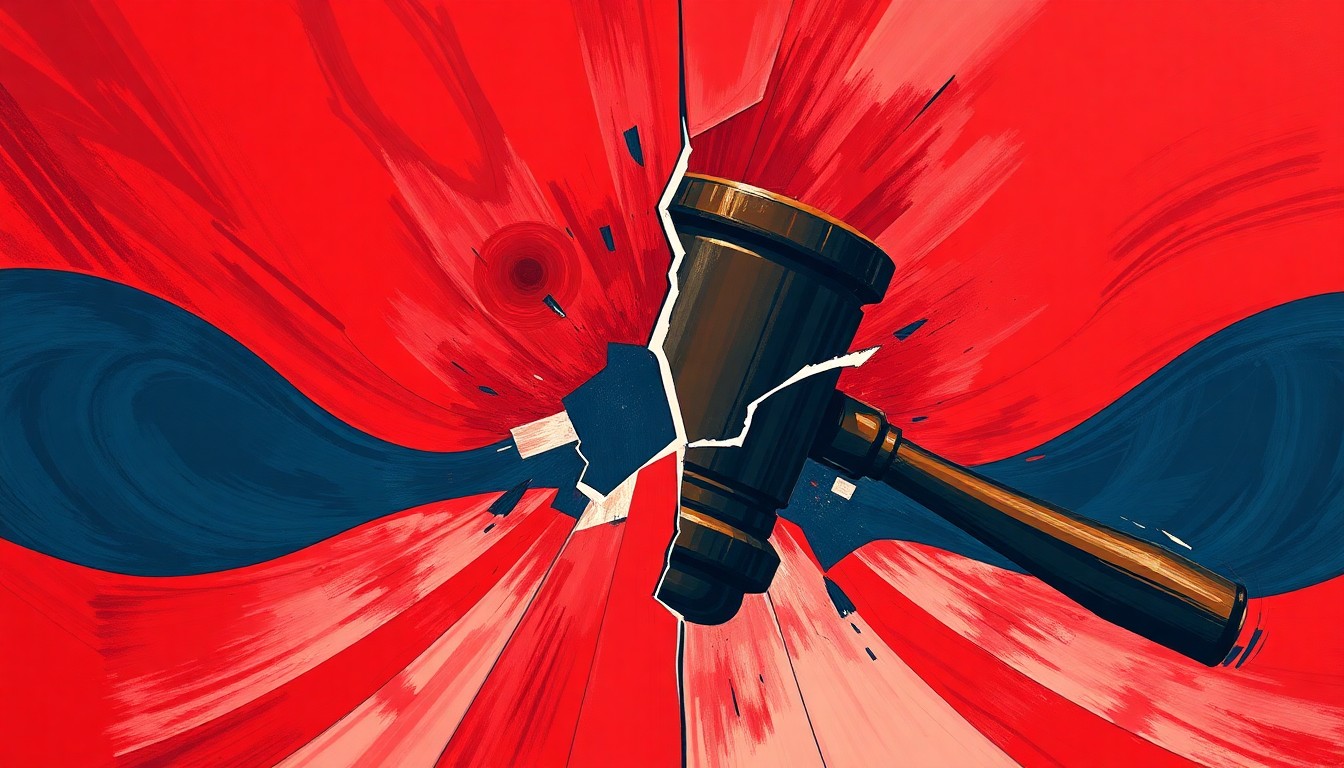 A fractured, abstract painting of a gavel breaking apart into overlapping geometric shapes in deep red and navy blue, conveying the divisive political clash over free speech and state power.