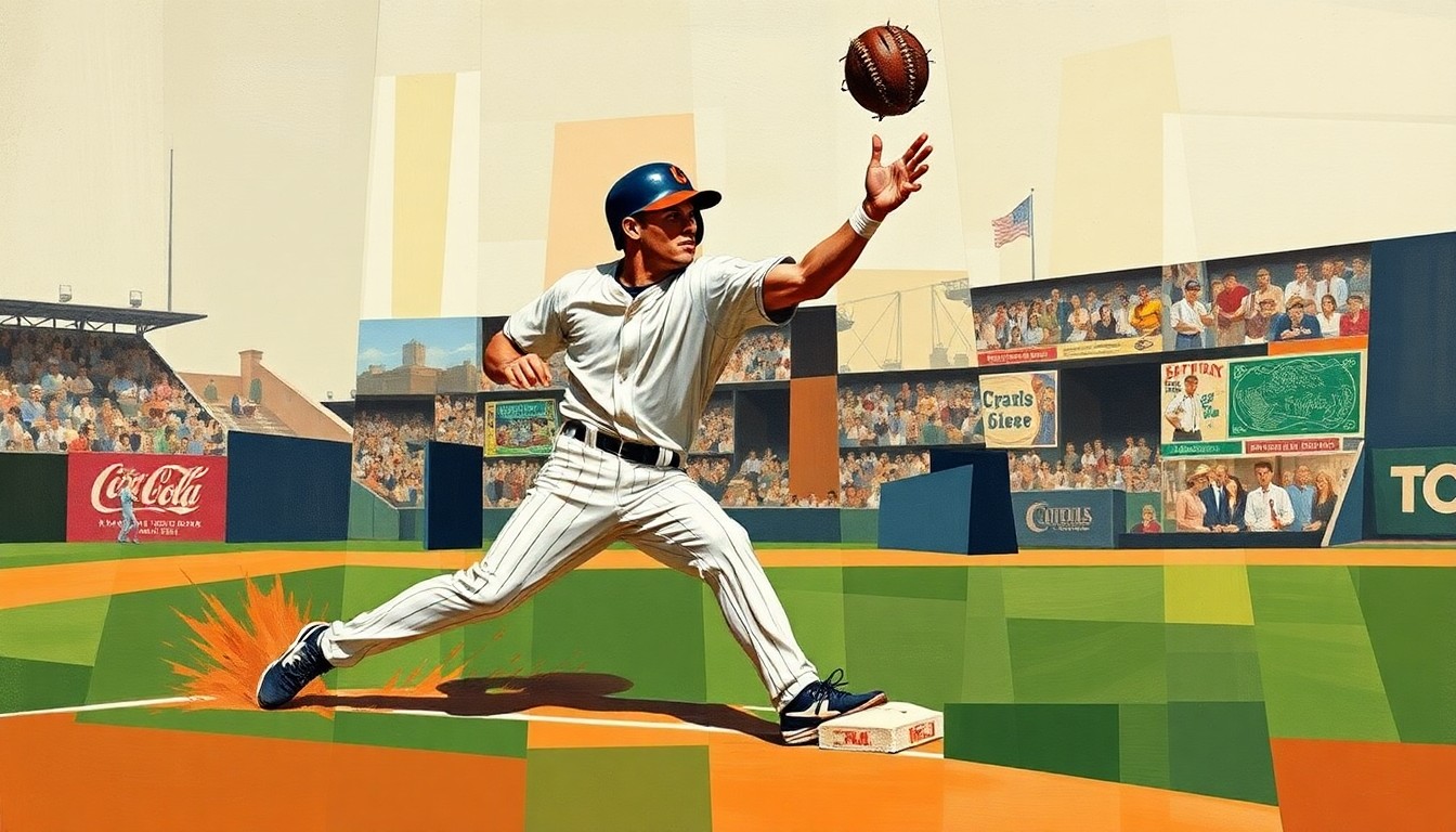A fragmented, geometric painting depicting a baseball player in motion, with sharp planes of color and form representing the dynamic action of the sport.