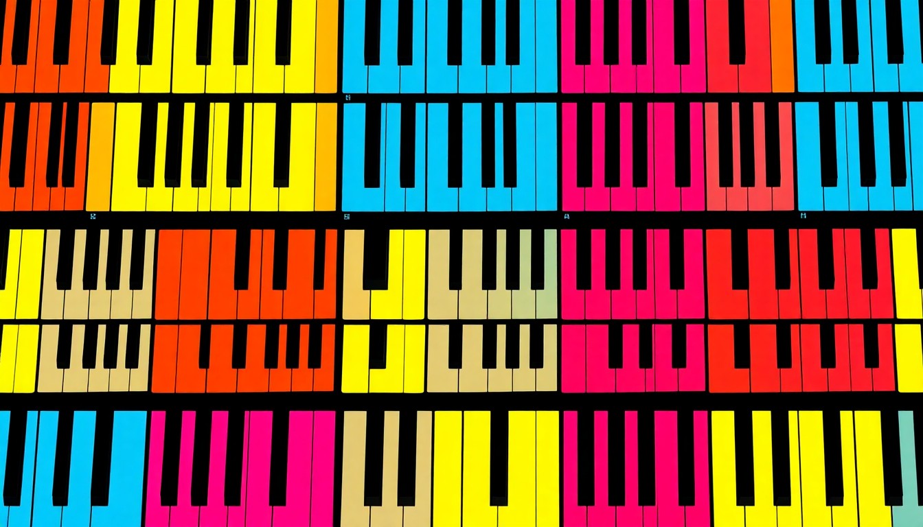 A brightly colored, high-contrast silkscreen print of a church organ keyboard repeated in a tight grid pattern, capturing the iconic instrument that has been the focus of Mary Conklin's lifelong dedication to music and her church community.