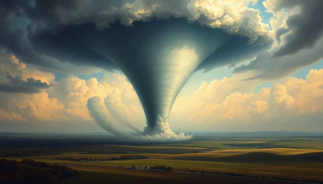 A vast, atmospheric landscape painting in muted tones, with a massive, swirling tornado dominating the horizon and dwarfing any physical structures in the foreground, conveying the overwhelming power of nature.
