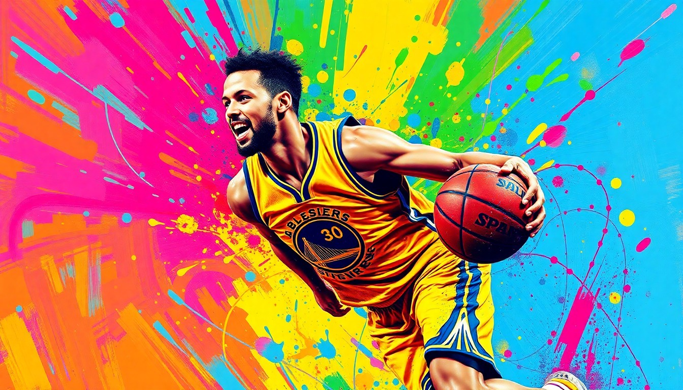 An abstract, expressionist painting in vibrant neon colors depicting the dynamic movement and energy of a basketball player driving to the hoop, their face and jersey dissolving into unrecognizable splatters of paint.
